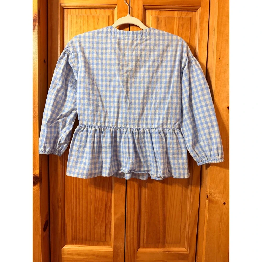Madewell Gingham Peplum Top XS Blue White Bubble Puff Sleeve Faux Wrap‎ Blouse